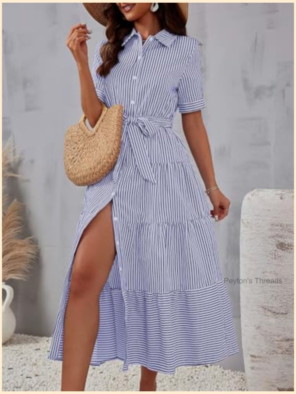 Women's Boho Striped Cotton Shirt Dress Button Down Flowy Maxi with Pockets - Picture 5 of 5